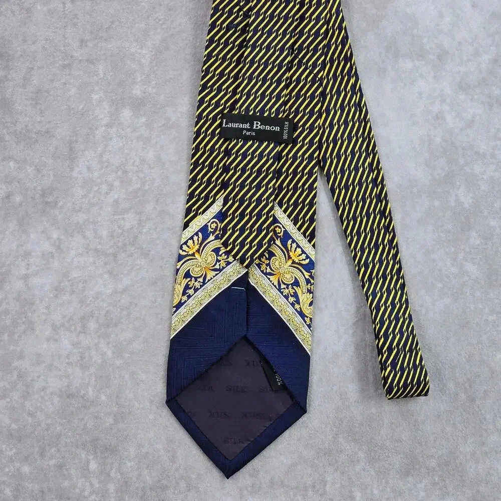 Laurant Benon Paris Gold Blue Royal Silk‎ Floral Executive Neck Tie Men's